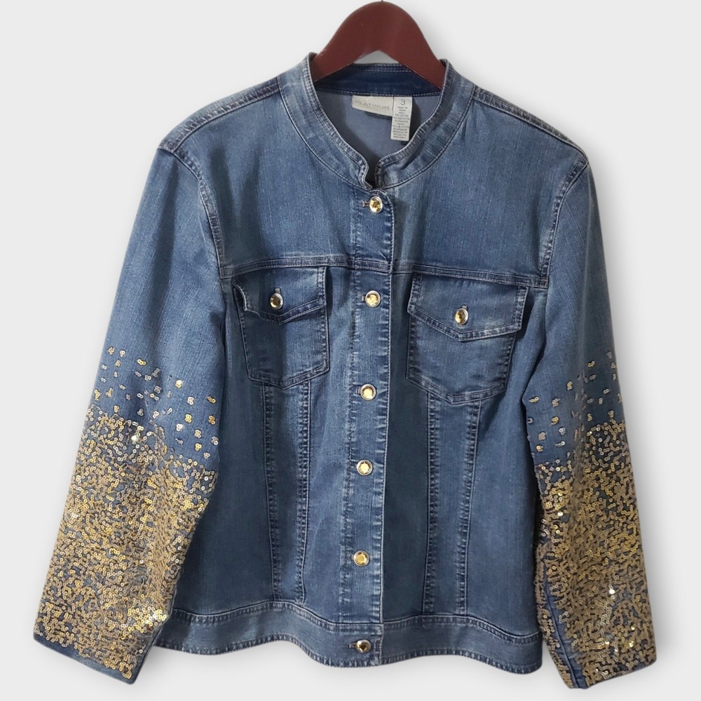 Chicos Platinum Blue Denim Gold Sequin Jacket Rhinestone Collarless Jean Sz 3 XL